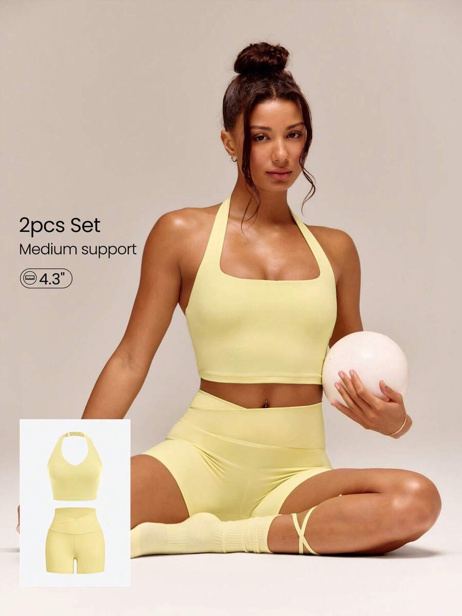 GLOWMODE 2 Pieces FeatherFit™-Sculpt Super Set Adjustable Halter Sports Tank Top & 4.3" Y-Shaped Butt Crossover Waist Active Shorts Set Medium Impact Workout Jogging Gym Training - French Vanilla - View 1
