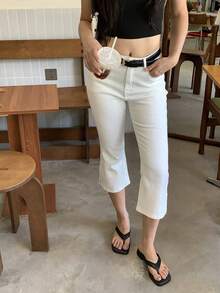 DAZY 女款休閒百搭喇叭褲 7/8 長度牛仔褲 側口袋 夏季 - 白色 - 查看 3
