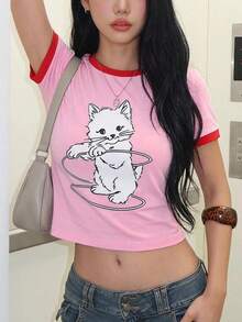 K-Vae Women's Summer Casual Cute Street Wear Y2k Graphic Cat Print Contrast Trim Cropped T-Shirt Pink And White Daytime Holiday Everyday - Pink - View 3