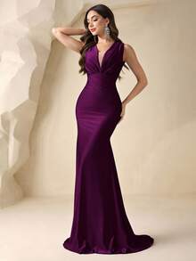 Coutiva Deep V Neck Ruched Fishtail Evening Gown,Women's High Waist Formal Party Dress,Elegant Heavy Embroidery Rhinestone Bridesmaid Dress - Purple - View 1