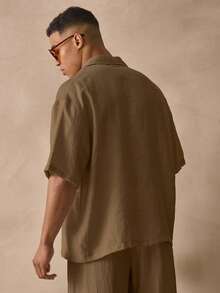 Musero Short Sleeve Asym Button Detail Top Smart Style Leightweight Linen Textured Shirt Spring Summer Holiday Essentials - Khaki - View 4