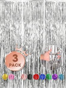 3 件 - 2 米长金属箔流苏窗帘，闪亮背景，墙面装饰，门流苏窗帘，黑色、白色、金色、银色、红色、粉色、绿色、玫瑰金、紫色、亮粉色、浅绿色和蓝色，适用于新年、生日、情人节、婚礼、订婚、派对背景 - 彩色 - 查看 10