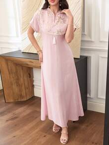 Yasmyna Spring/Summer Sequin Embroidered Patchwork Pink Waist-Cinched Arabian Dress - Pink - View 5
