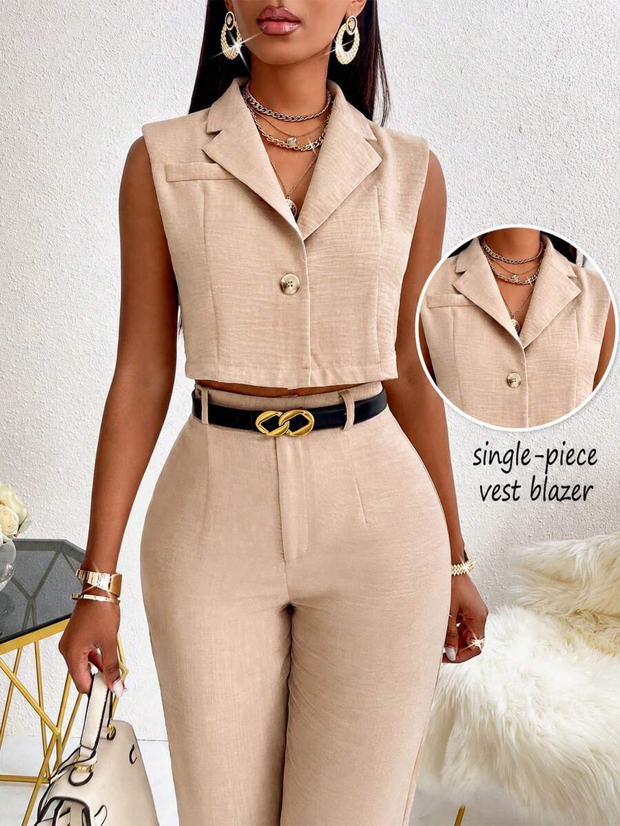 SOLERSUN Women's Solid Color Notched Lapel Single-Breasted Cropped Casual Blazer Vest For Autumn - Apricot - View 1