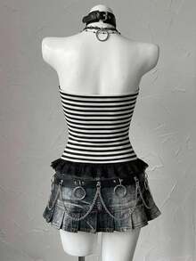 Attitoon Women's Bow Decor Striped Fashionable Bandeau Top - Black and White - View 2