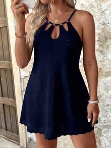 Breezaya Plus Size Women's Textured Hollow Out Stretch Knit Casual Fashion Loose Hollow Neck Design Spaghetti Strap Strap Dress, Metal Buckle Decoration, Fashionable Elegant Commute Work Daily - Navy Blue - View 4