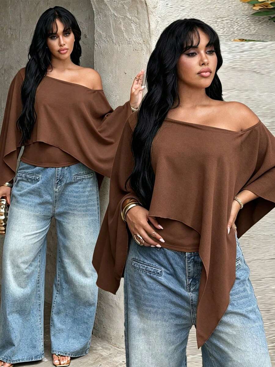 Rustia Plus Size Women's Solid Color Spring/Summer Asymmetric Shoulder Cape Style T-Shirt - Coffee Brown - View 1