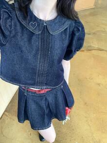 DAZY Women's Collared Washed Korean Style Denim Top And Pleated Skirt Casual Denim Set School Summer - Blue - View 4