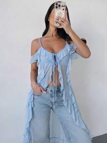 Firerie 女款波希米亞風音樂節性感海灘度假透視荷葉邊V領長版細肩帶上衣 - 淺藍色 - 查看 6