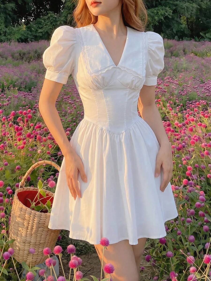 SHEIN MOD 翻领羊腿袖鱼骨胸衣碎花连衣裙 - 白色 - 查看 1