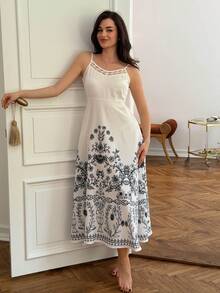 DAZY Women's Cinched Waist Floral Print Long Dress, Summer Home Wear Dress Pajamas - White - View 5