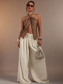 Hauture Women's Sexy Abstract Print Halter Neck Backless Linen Top - Brown - View 7