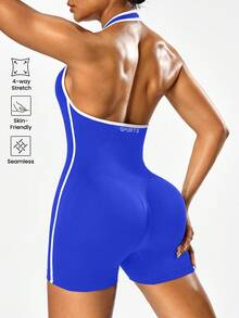Solea Cove 女款無縫素色掛脖露背運動連身褲 - 寶藍色 - 查看 4