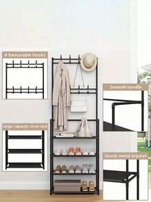 1pc Multi-Functional Iron Shoe Rack, 4/5 Tiers With 8 Hooks - Easy Assembly, Black Shoe Organizer Shelf - Multicolor - View 5