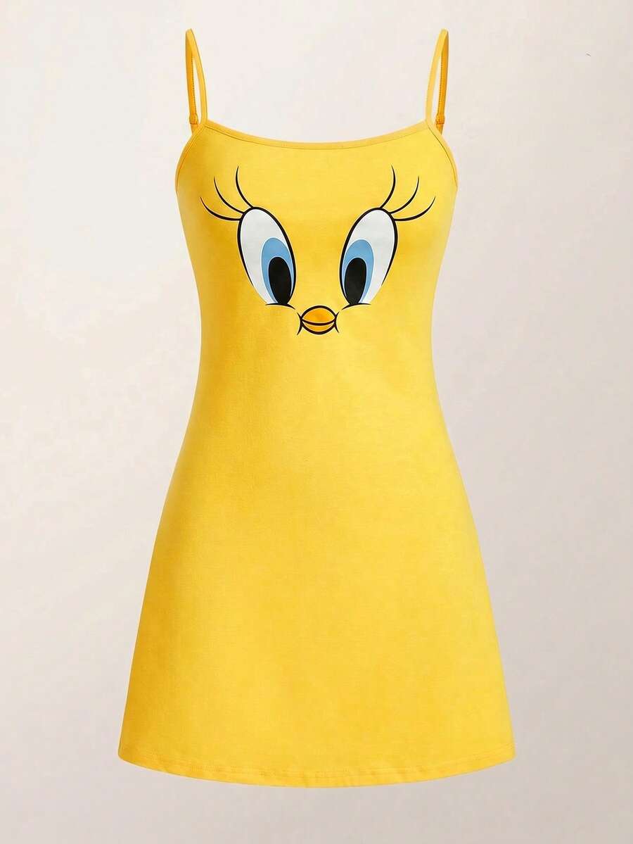 LOONEY TUNES X SHEIN Women's Yellow Cute Tweety Cartoon Graphic Cami Sleep Dress, Summer - Yellow - View 1