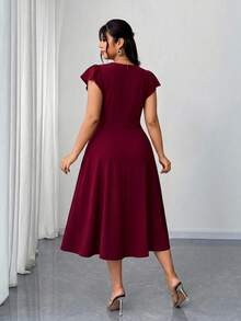 Elenzga Plus Size Women's Ruffle Short V-Neck Ruched Waist Flared Dress - Burgundy - View 2