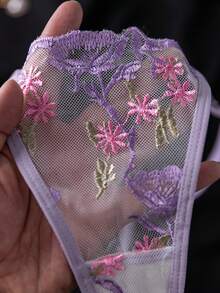 SHEIN 女款 2 件組 對比蕾絲蝴蝶結裝飾 性感吊帶睡裙與丁字褲 - 淡紫色 - 查看 6