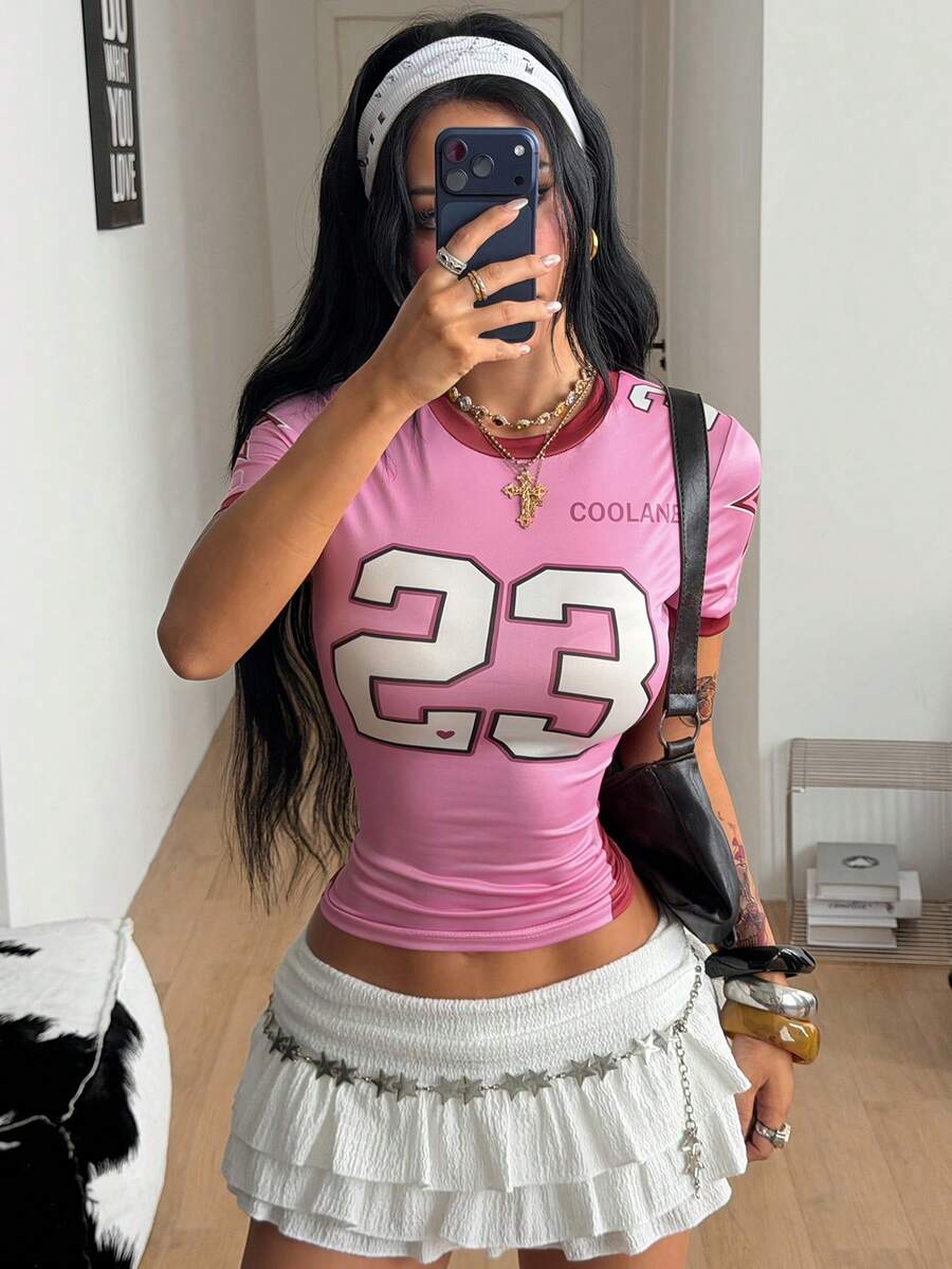 Coolane 女款夏季街頭風酷感籃球球衣設計字母印花白色上衣 巴西款 - 粉色 - 查看 1