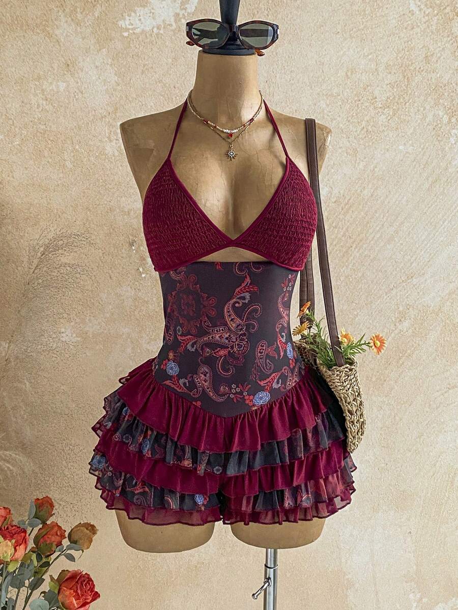 Soleia Women's Vacation Patchwork Cashew Print Ruffle Hem Halter Jumpsuit Beach Dark Purple Summer Boho - Multicolor - View 1
