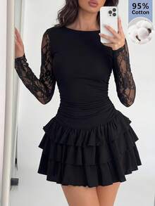 SHEIN EZwear 女士新款秋季黑色蕾丝拼接层叠荷叶边迷你连衣裙 - 黑色 - 查看 3