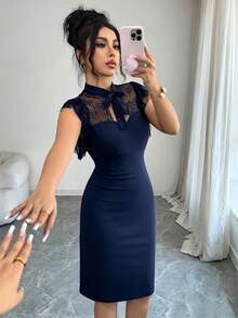 Rafferiza 女款黑色優雅修身蕾絲拼接中長洋裝 - 藏蓝色 - 查看 7