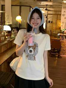 DAZY 女款圓領卡通頭巾小狗韓系風格春夏短袖T恤圖案印花可愛上衣 - 杏色 - 查看 5