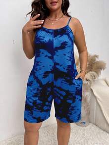 SHEIN Clasi 大尺碼女款印花度假口袋休閒細肩帶連身褲 - 藍色 - 查看 5