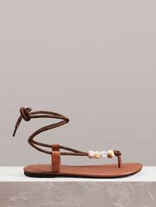 Styleloop Sandal Datar Wanita, Gaya Bohemian, Liburan Pantai, Gaya Barat, Pakaian Musim Panas, Perlengkapan Perjalanan - Coklat + manik-manik - View 2