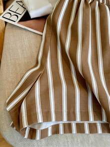 Resyla Damen gestreiftes einreihiges Langarm-Top und Shorts Lässig Alltag Set - Kaffeebraun - Übersicht 4