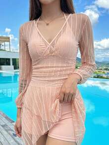 DAZY 女款拼接網紗度假海灘時尚連身泳衣裙褲 夏季 - 粉色 - 查看 2