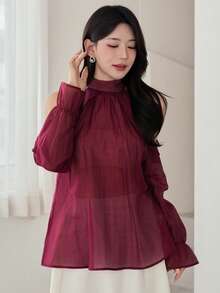 DAZY Top de verão suave estilo INS rosa com decote halter, manga comprida em chiffon, ombros descobertos e bainha com folhos, top elegante de férias para mulher - Roxa - Ver 4