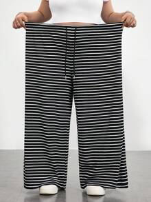 SHEIN CURVE+ 女款黑白條紋休閒抽繩大尺碼長褲，適合秋季/居家穿著 - 黑與白 - 查看 5