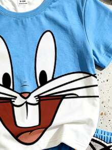 LOONEY TUNES X SHEIN GraphicGems 男嬰藍白配色拼接卡通印花T恤短褲寬鬆休閒兩件套 - 藍色 - 查看 4