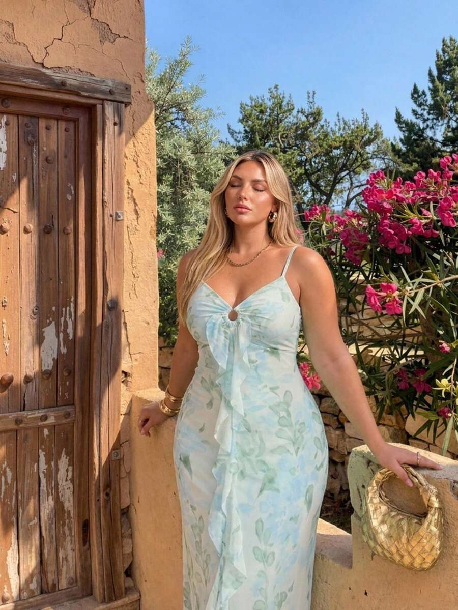 Auralis Spaghetti Strap V-Neck High-Elastic Light Blue Mesh Gradient Bodycon Dress / Elegant Vacation Style Vacation Summer - Mint Green - View 1
