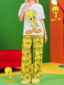 LOONEY TUNES X SHEIN 女士卡通印花短袖上衣和长裤夏季睡衣套装 - 黃色 - 查看 4