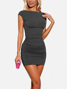 INAWLY Women's Solid Color Backless Fashionable Slim Fit Spring/Summer Dress - Dark Grey - View 5