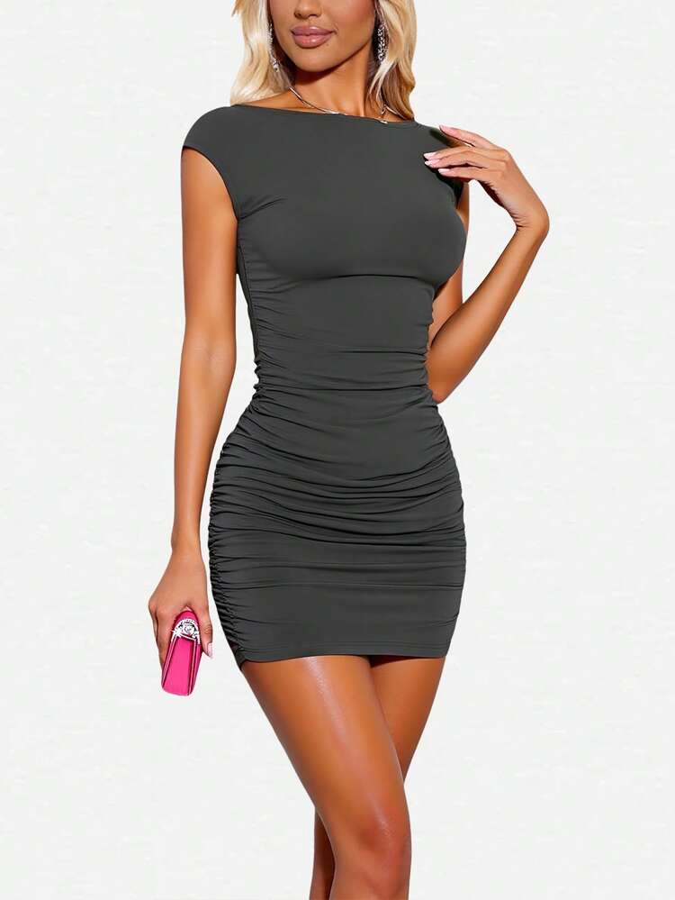 INAWLY Vestido de mujer de primavera/verano entallado con espalda descubierta y color sólido de moda - Gris Oscuro - Añade 5