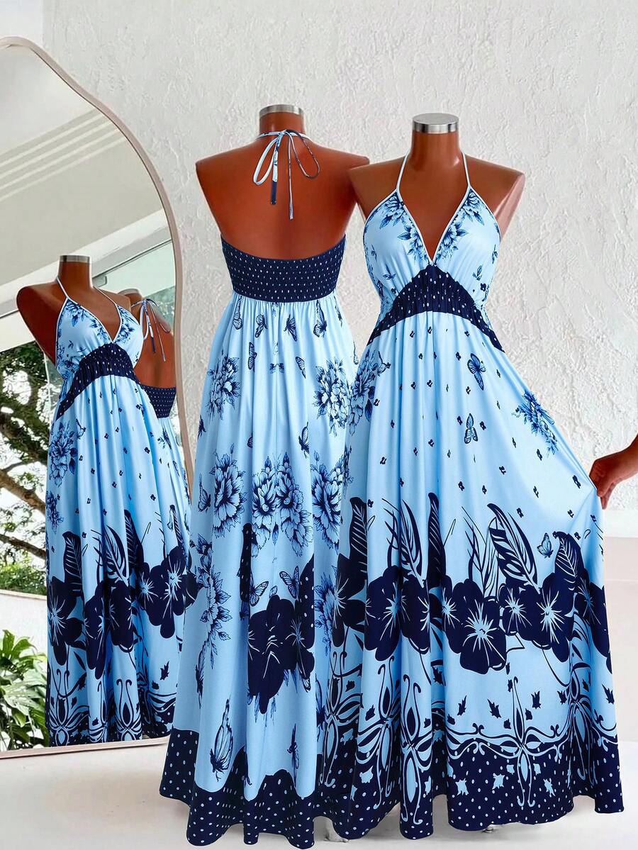Sweetra Bohemian Style Printed Beach Slip Dress - Blue - View 1
