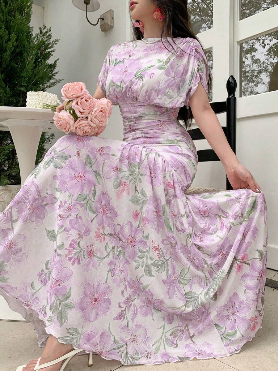 Modelyn 粉色薄紗花卉印花夏季百褶優雅高雅時尚女款長洋裝,適合外出與晚宴派對 - 紫色 - 查看 1