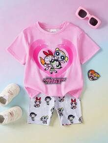 THE POWERPUFF GIRLS X SHEIN 两件套休闲风女婴圆领短袖T恤搭配舒适修身短裤，联名款 - 彩色 - 查看 1