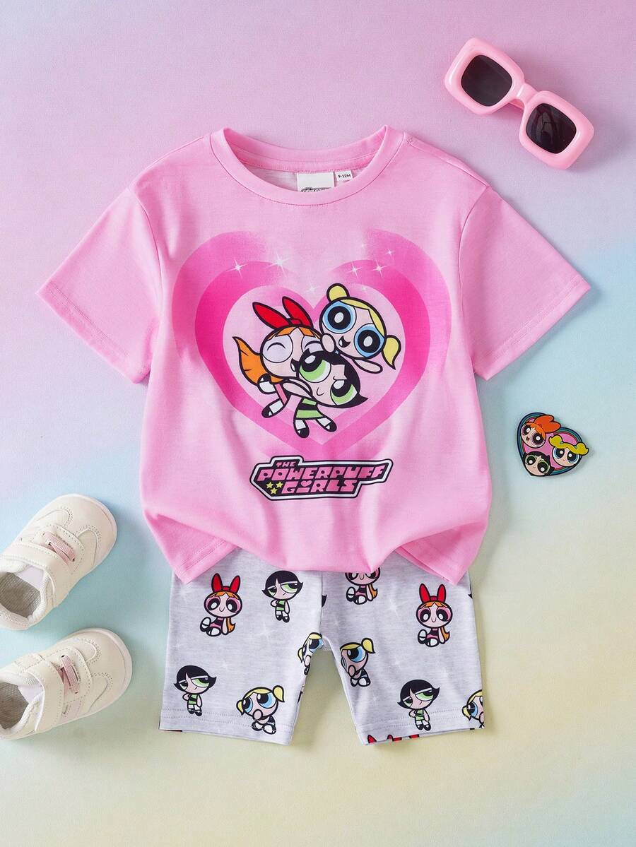 THE POWERPUFF GIRLS X SHEIN 两件套休闲风女婴圆领短袖T恤搭配舒适修身短裤,联名款 - 彩色 - 查看 1
