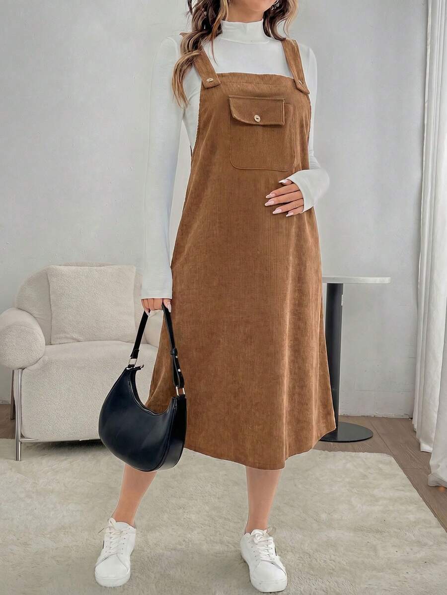 SHEIN 孕妇纯色工装口袋吊带连衣裙 - 卡其色 - 查看 1
