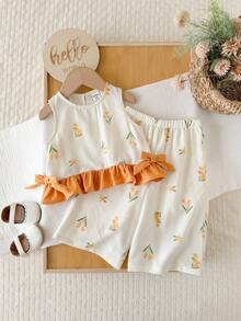 Multicolor Polyester Ruffle Flounce Sleeve Tank Top Co-Ord With Plants Pattern For Baby Girls Vacation Styl - Yellow - View 6