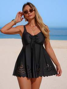 Swim Lushoire Vestido de baño de verano negro para mujer, con ribete de encaje calado, unicolor de moda personalizada, tirantes gruesos con decoración de lazo, para vacaciones y días de playa tropical - Negro - Ver 3