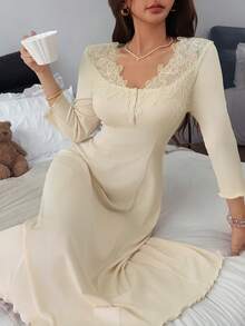 Napfluff Heavy Embroidery Collar Decoration V-Neck Lettuce Edge Dense Trim Small Opening Front Women's Mid-Length Short Sleeve Nightgown - Apricot - View 3
