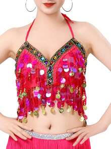 1PC Colorful Sequin Wrapped Belly Dance Costume, A Hanging Coin Stage Performance Dance Costume With Sequin Tassel Top - Multicolor - View 16