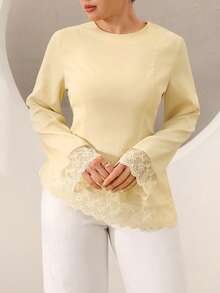 Graceveil Plus Size Women's Bell Sleeve Lace Patchwork Cinched Waist Asymmetrical Hem Blouse Fall - Yellow - View 6