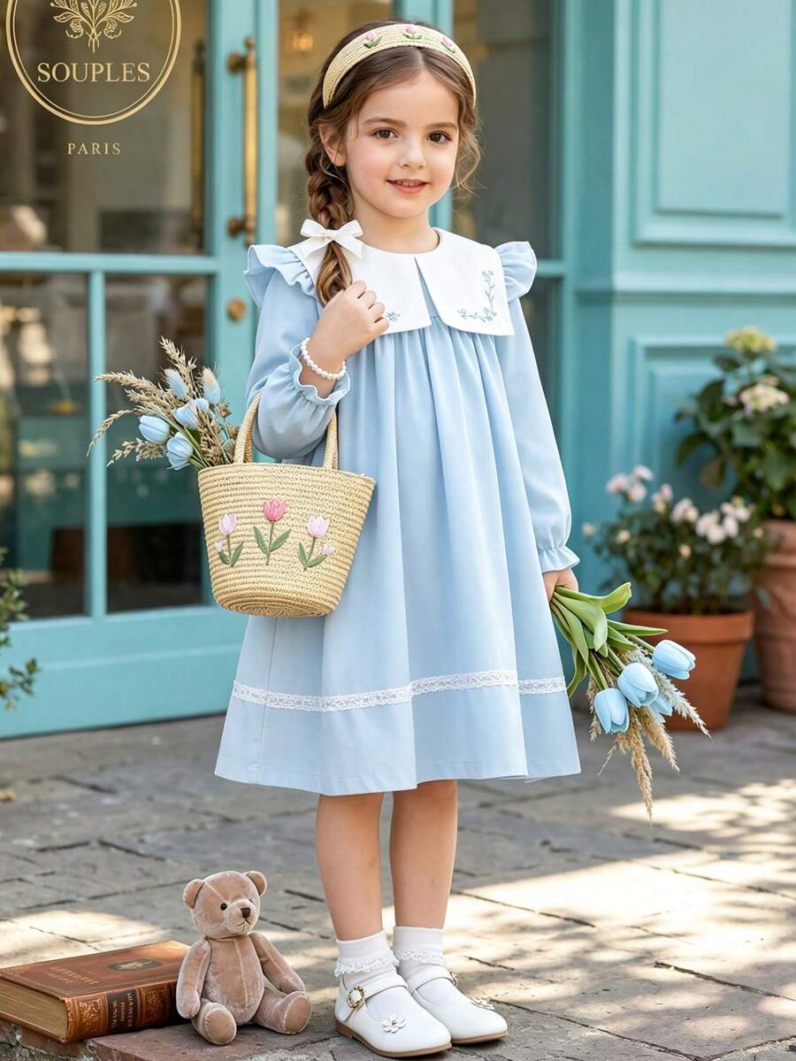 Souflis Souflis 4-7Y Young Girl' French Retro Light Blue Casual Princess Loose Comfortable Floral Embroidery Lace Trim White Contrast Collar Long Sleeve Dress Wedding