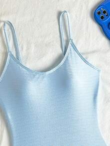 SHEIN 青少年女孩+青少年(女性)一件式泳衣 淺藍色條紋 特殊面料 肩帶式 休閒簡約貼身 適合海灘、度假、出遊、沙灘，適合夏季 - 藍色 - 查看 3