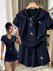 GlowEve Women's Knight Print Top And Drawstring Waist Shorts Casual Daily 2 Pieces Set - Navy Blue - View 1